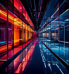 Poster - A long, narrow corridor with glass walls on both sides, illuminated by a series of colorful lights that create a mesmerizing, futuristic atmosphere.