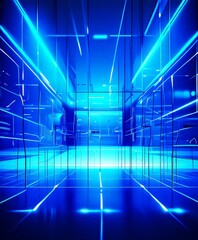 Poster - The image presents a futuristic, abstract interior space with a grid-like pattern of blue and white lines, creating a sense of depth and dimensionality. The perspective is