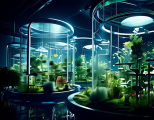 Aufkleber - a futuristic indoor garden with a variety of plants housed in transparent glass enclosures, illuminated by a soft blue light. The plants exhibit a range of colors and