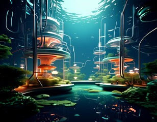 Leinwandbilder - a futuristic underwater cityscape with towering structures, glowing lights, and a serene pond reflecting the city's lights.