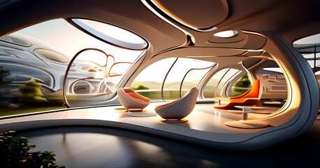 Poster - a futuristic living space with curved walls, large windows, and a minimalist design. The room features two orange chairs, a white sofa, and a plant, with a view of a