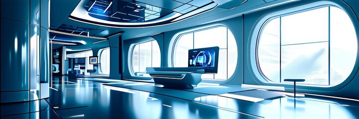 Poster - a futuristic, high-tech room with sleek, curved walls, large windows, and a minimalist design. The room features a futuristic desk with a computer monitor, a futuristic chair,