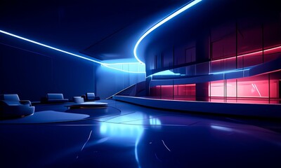 Poster - a futuristic lounge area with sleek, curved furniture and a curved ceiling, illuminated by blue and red lights that create a striking visual effect.
