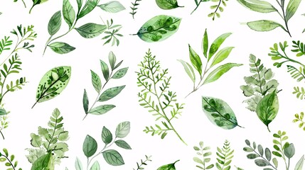 16. A seamless pattern featuring sprigs with green leaves, designed for a decorative natural look. The pattern showcases various sprigs with detailed leaves, arranged in a repeating design on a white