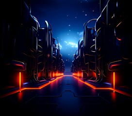Aufkleber - A futuristic cityscape with towering structures illuminated by a mix of red and blue lights, set against a starry night sky.