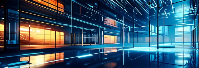 Leinwandbilder - The image presents a futuristic interior space with a grid-like pattern of glowing lines and windows, creating a sense of depth and dimension. The scene is illuminated by a mix