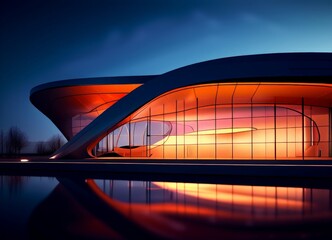Poster - The modern building with a curved roof and large glass windows is illuminated by orange and pink lights, creating a striking reflection on the water below.