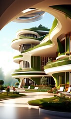 Aufkleber - a futuristic architectural design with curved, organic-looking structures and balconies, surrounded by a lush, green landscape.