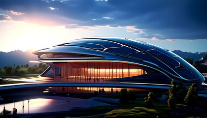 Poster - The futuristic building, with its curved roof and large glass windows, stands majestically against a backdrop of a dramatic sky and distant mountains.