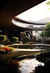 Aufkleber - a futuristic architectural structure with a curved roof and multiple levels, surrounded by a lush garden with a pond and various plants.