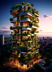 Aufkleber - A towering residential building with a unique, vertical design, featuring a lush, verdant facade that blends seamlessly with the surrounding cityscape and sky.