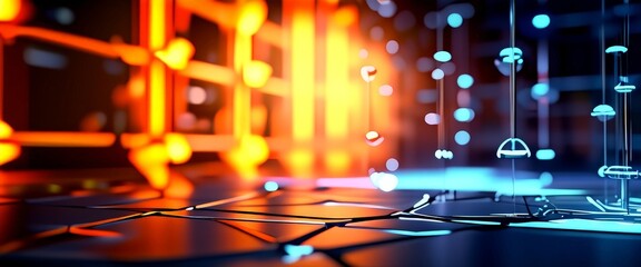 Fototapete - a futuristic, abstract scene with a complex network of glowing lines and shapes, creating a sense of depth and dimensionality. The background is dark, with a warm, orange
