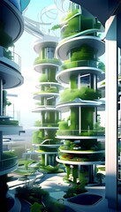 Aufkleber - a futuristic architectural design with multiple levels of green, vertical structures, creating a unique and immersive environment.