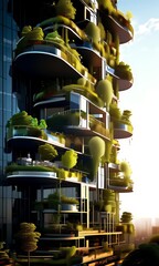 Aufkleber - a modern architectural structure with a unique design, featuring a series of balconies and terraces covered in lush greenery, creating a verdant and organic appearance.
