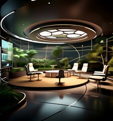Aufkleber - a futuristic conference room with a circular wooden table surrounded by white chairs, a large circular skylight, and a large screen on the left wall.