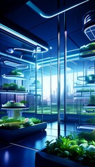 Poster - a futuristic indoor environment with a variety of plants housed in glass enclosures, illuminated by blue and white lights. The scene is set against a backdrop of a city