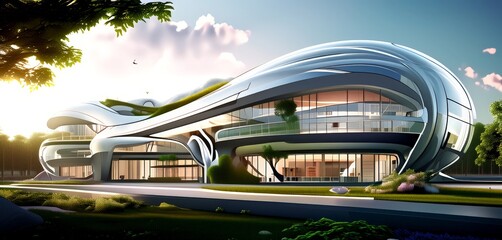 Aufkleber - a futuristic architectural design, featuring a curved, metallic structure with large windows and a green roof, set against a backdrop of a clear blue sky and lush greenery.