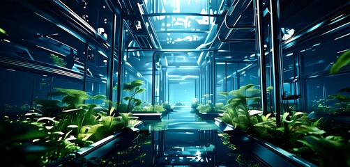 Poster - A futuristic greenhouse with a reflective floor and a tunnel of plants, illuminated by a blue light.