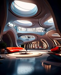 Poster - a futuristic lounge area with a circular seating arrangement, a coffee table, and a large skylight that allows natural light to flood the space.