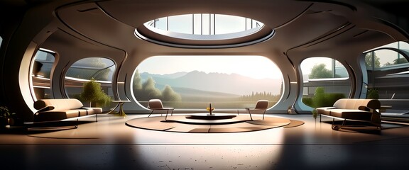 Poster - A futuristic living room with curved walls, large windows, and a circular coffee table, overlooking a mountainous landscape.
