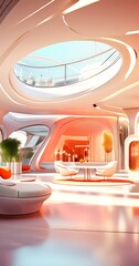 Poster - a futuristic living room with a large circular skylight, white furniture, and a circular rug, all set against a backdrop of a clear blue sky.