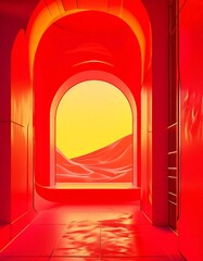 Aufkleber - a futuristic interior space with a large arched window offering a view of a desert landscape. The room is dominated by a vibrant red color, with a yellow wall in the