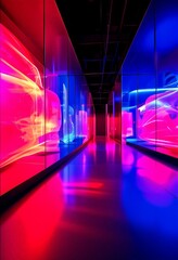 Poster - a long, dimly lit corridor with glass walls on both sides, each displaying a vibrant, colorful light display. The corridor has a reflective floor, and the perspective is from