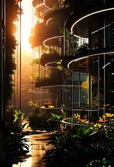 Aufkleber - a futuristic architectural structure with curved balconies and glass walls, surrounded by lush greenery and bathed in the warm glow of the setting sun.