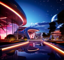 Poster - a futuristic cityscape at night, featuring curved buildings with glowing windows, a reflective pool, and a starry sky.