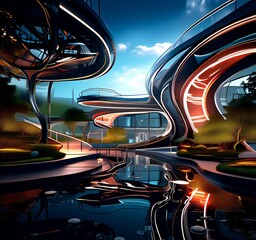 Poster - a futuristic architectural structure with curved lines and a reflective pool in the foreground, set against a blue sky with clouds.