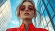 © KADER - Low-Angle Shot of Female Model Wearing Red Jacket and Sunglasses, Standing Against a Skyscraper with Blue Sky Background