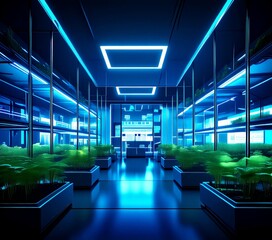 Poster - A futuristic indoor garden with rows of green plants illuminated by blue and white lights, creating a serene and tranquil atmosphere.