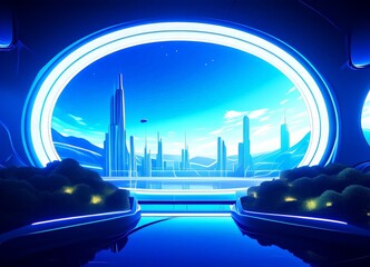 Poster - The image presents a futuristic cityscape viewed through a circular window, with a blue sky and a few clouds. The city is composed of tall, sleek buildings with a