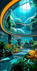 Poster - a futuristic indoor garden with a curved ceiling, large windows, and a variety of plants and trees. The scene is illuminated by a bright light source, creating a vibrant
