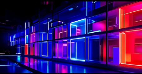 Aufkleber - a modern, futuristic interior space with a grid-like pattern of illuminated cubes in various colors, including red, blue, and purple, creating a visually striking and