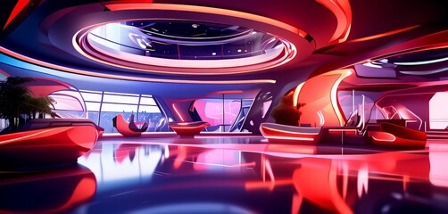 Poster - a futuristic interior space with a circular ceiling, curved walls, and a large window. The room is illuminated by a mix of red and blue lights, creating a vibrant and