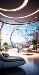Poster - a futuristic living room with a curved ceiling, large windows offering a panoramic view of a city skyline, and sleek, minimalist furniture.
