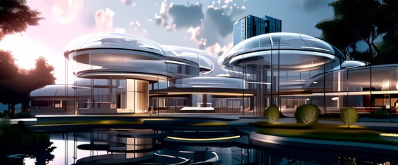 Aufkleber - a futuristic architectural design with a series of domed structures, reflecting the sky and surrounding environment. The buildings are illuminated, creating a warm glow, and