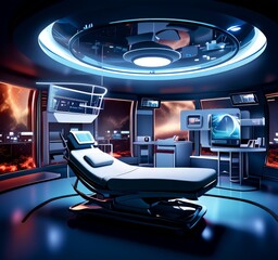 Aufkleber - The image presents a futuristic hospital room, characterized by a circular ceiling, a large screen, and a bed with a tablet-like device attached to it. The room is illuminated