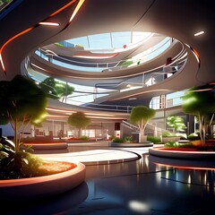 Poster - a futuristic indoor space with a curved ceiling, large windows, and a central atrium. The space is illuminated by a mix of natural and artificial light, creating a serene