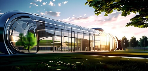 Poster - A modern, curved glass building with a curved roof stands in a lush green landscape, reflecting the surrounding trees and sky at sunset.