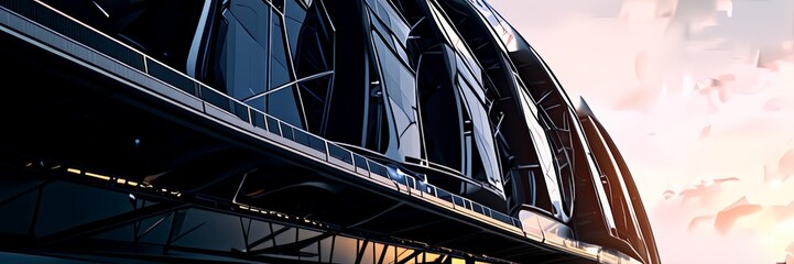 Poster - a futuristic architectural structure with a curved, metallic facade and a series of windows, set against a backdrop of a cloudy sky at sunset.