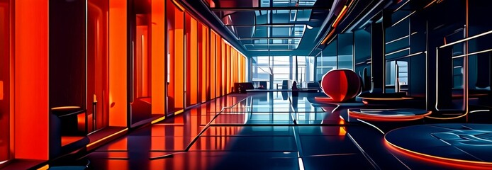 Poster - a futuristic interior space with a long corridor featuring a series of orange and red panels, a large circular sculpture, and a reflective floor.