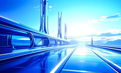 Aufkleber - a futuristic train station with sleek, curved architecture and a long, reflective platform. The station is set against a backdrop of a clear blue sky with fluffy white clouds,