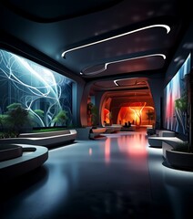 Poster - a futuristic lobby with a curved ceiling, large windows, and a sleek, modern design. The floor is made of polished concrete, and the walls are adorned with abstract art in