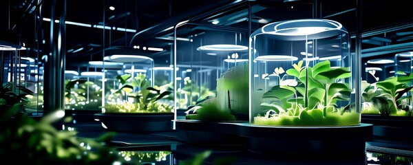 Poster - A futuristic indoor garden with glass terrariums containing various plants illuminated by blue and white lights, creating a serene and tranquil atmosphere.