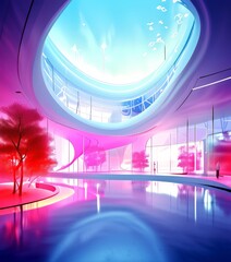 Poster - a futuristic indoor space with a curved ceiling, large windows, and a reflective pool of water. The ceiling is painted in a gradient of blue and purple, and the walls are