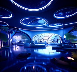 Aufkleber - a futuristic lounge area with a curved ceiling, circular lighting fixtures, and a large glass dome structure. The lounge features a variety of seating options, including a