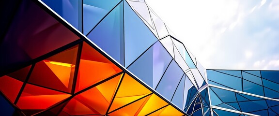 Leinwandbilder - a modern architectural structure with a geometric design, featuring a mix of blue, orange, and red glass panels that reflect the sky and surrounding environment.