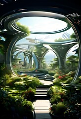 Poster - a futuristic cityscape with a winding path leading through a lush, verdant garden. The city features curved, metallic structures and a circular observation deck, creating
